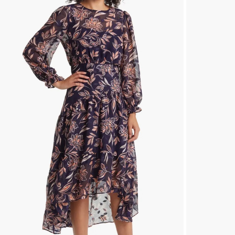 ELIZA J Women's Navy Floral Long Sleeve Jewel Neck Dress Sz 4Boho Romantic